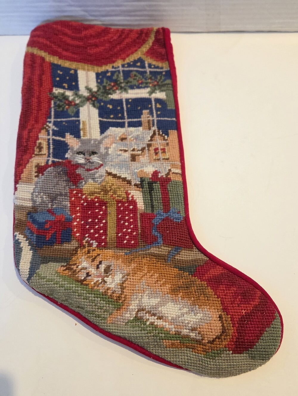 Jabara Needlepoint Christmas Stocking Cat Lover Cats Tapestry Decor Vintage